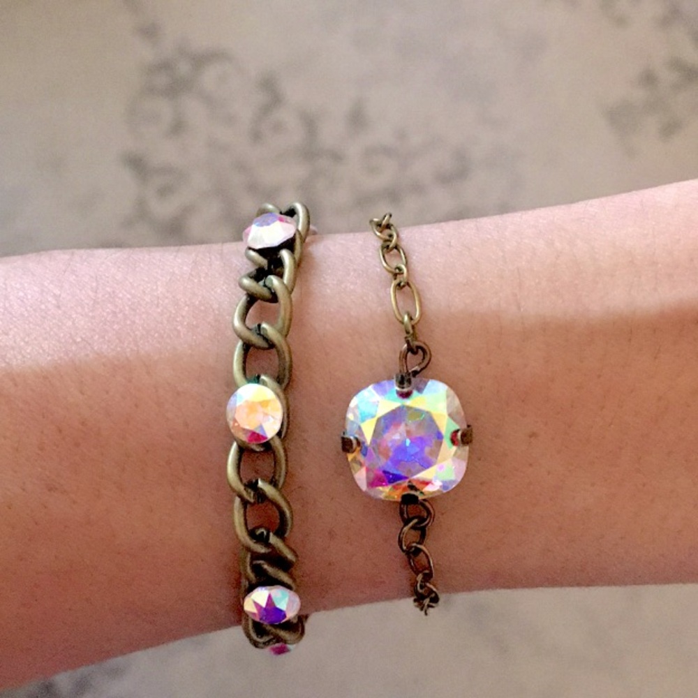 Aurora Borealis Cushion Cut Antique Brass Crystal Bracelet - Picture 10 of 11
